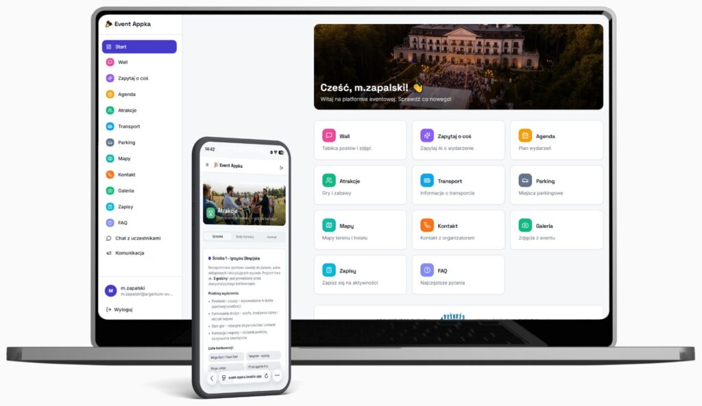 Aplikacja eventowa Argentum na laptopie i telefonie - agenda i zapisy na atrakcje
