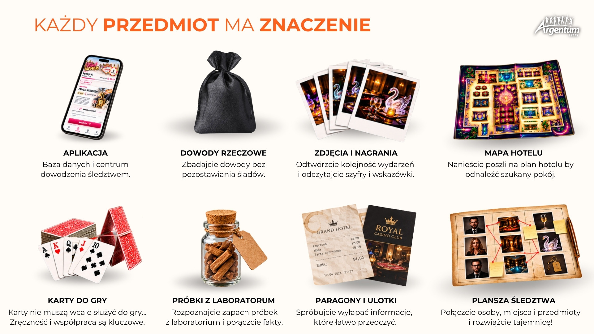 Gadżety do gry detektywistycznej Viva Las Vegas - aplikacja, dowody rzeczowe, zdjęcia, mapa hotelu, karty, próbki, paragony i plansza śledztwa