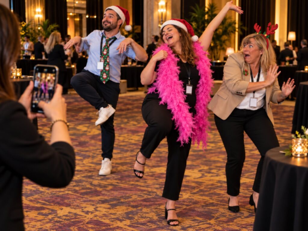 Uczestnicy w czapkach Mikołaja wykonują zadanie taneczne w świątecznej wersji gry Viva Las Vegas